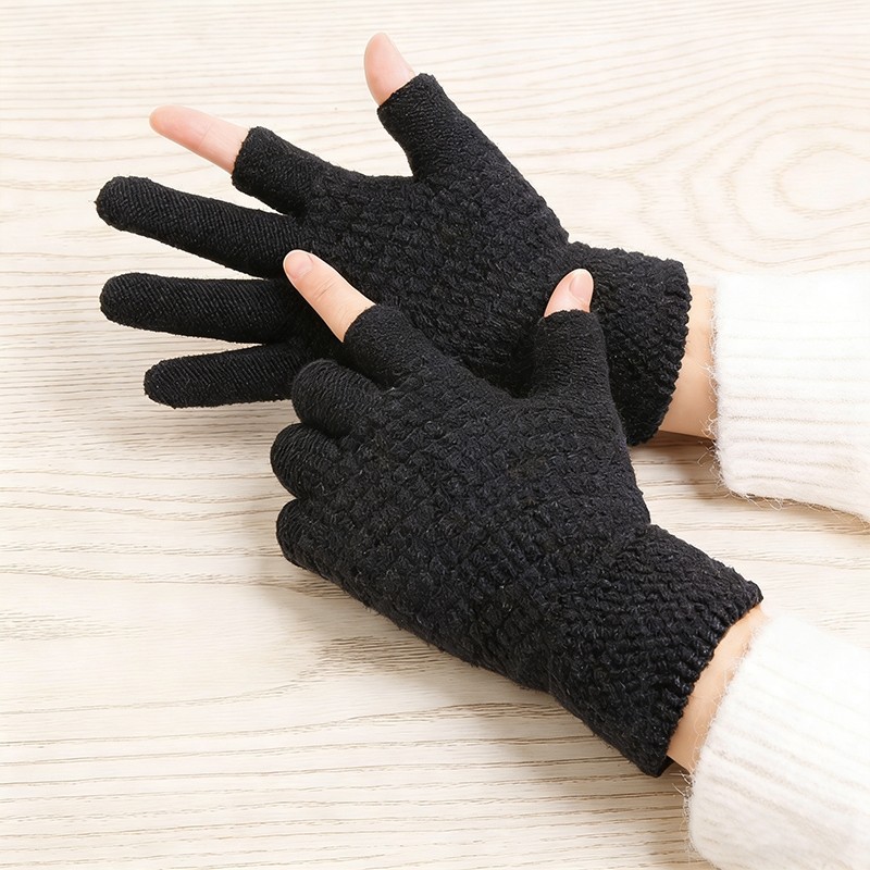 触屏手套男女士冬季保暖加绒加厚半指毛线写字学生露两指工作开车