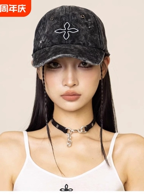 暗黑辣十字花牛仔棒球帽辣妹遮阳弯檐帽鸭舌帽女新款秋季水洗蓝色