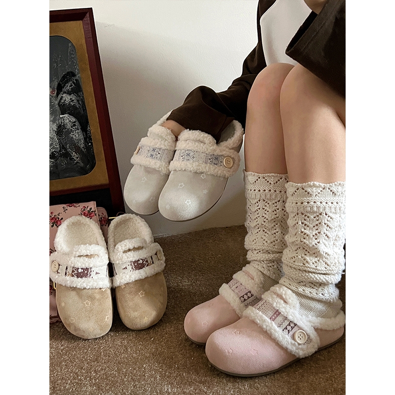 甜美百搭加绒勃肯鞋半拖女冬外穿2025新款内增高厚底毛毛包头拖鞋