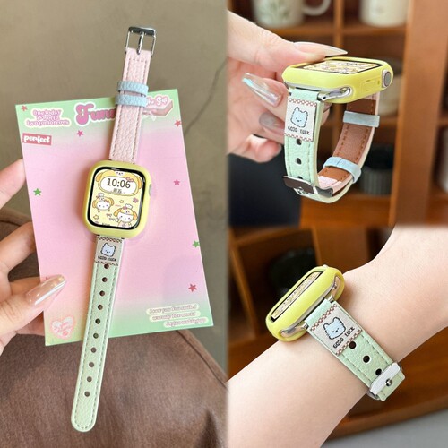 皮质荔枝纹撞色适用于苹果手表s11s10秋季7颜值爆款s9/8/7高级感s6/5/4小米手环pro腕带女表带粉色