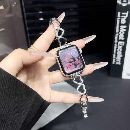适用苹果iwatchS11/S10金属链式表带SE/UItra3/2/1镶钻手表带S9/8/7连心镂空金属表带精致时尚奢华女