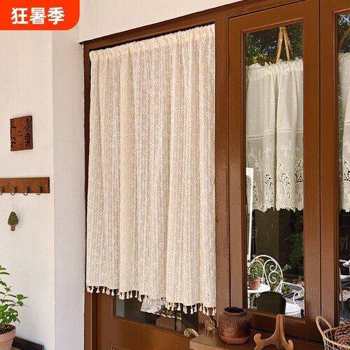 复古小雏菊半帘窗帘厨房卧室隔断帘橱柜遮挡帘家用免打孔布艺门帘 - 封面