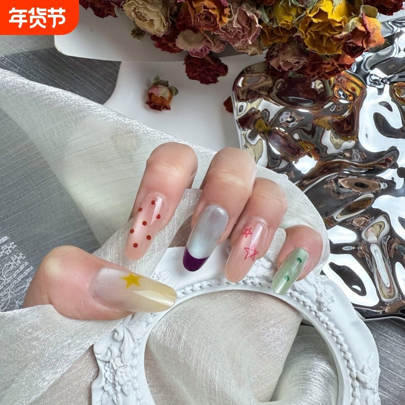 法式波点穿戴甲星星图案甲片成品美甲中长款高级感小众指甲贴片,彩妆/香水/美妆工具,穿戴甲/甲片,淘宝优惠券,粉丝福利购,淘宝优惠卷
