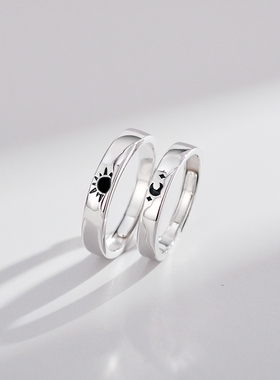 原创山盟海誓日月情侣戒指S925纯银一对男女小众设计纪念礼物对戒