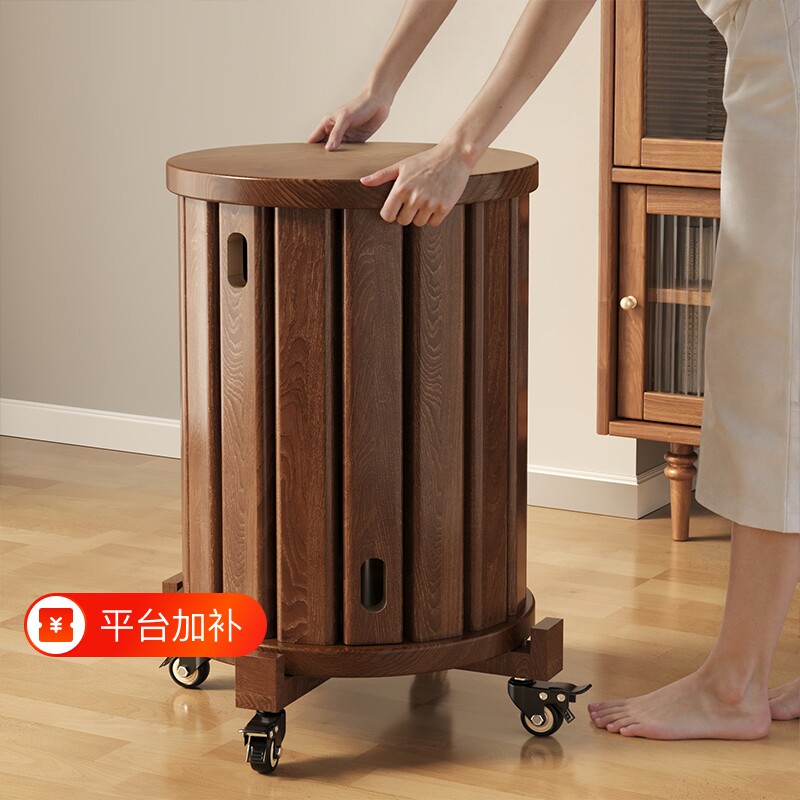 实木凳子可叠放家用叠叠乐带滑轮收纳堆叠凳凳中古风圆凳藤编移动