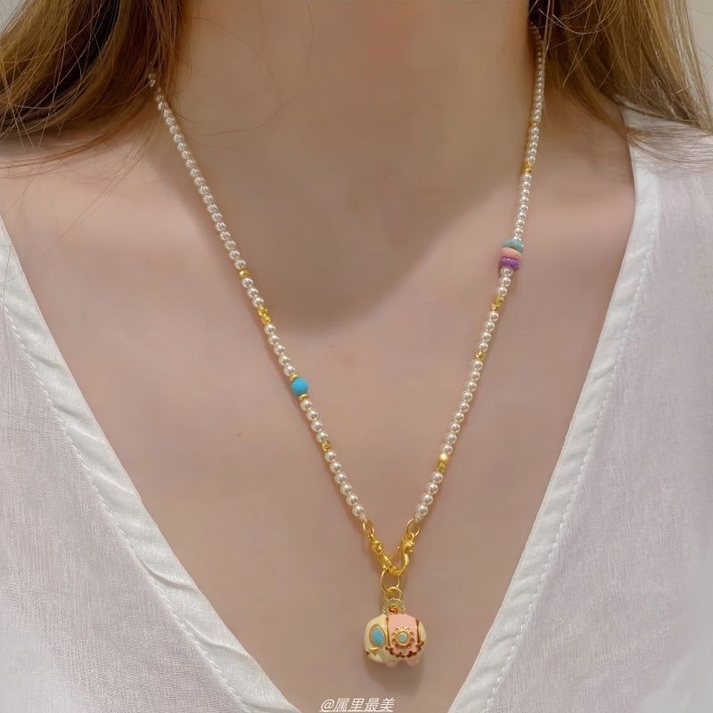 古法烧蓝蜜粉珐琅吉象项链女新中式复古多巴胺小象吊坠珍珠毛衣链