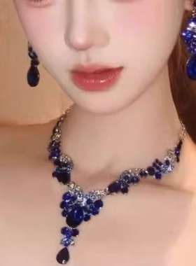 复古蓝色项链耳环套装女轻奢夸张颈链名媛晚礼服新娘配饰锁骨链