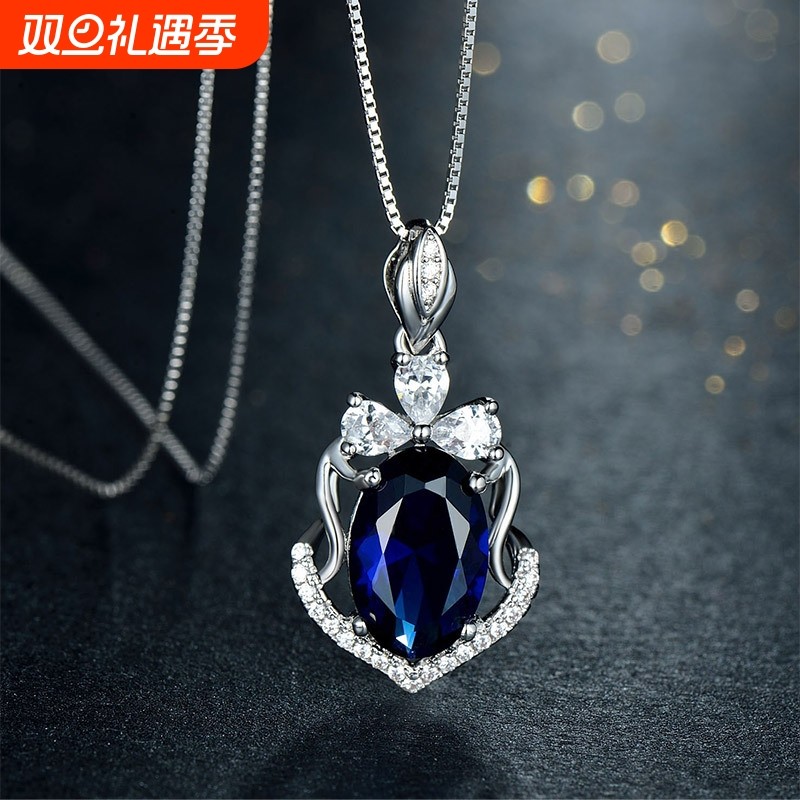 跨境S925纯银欧美风项链镶嵌蓝钢玉吊坠厂家项链批发饰品