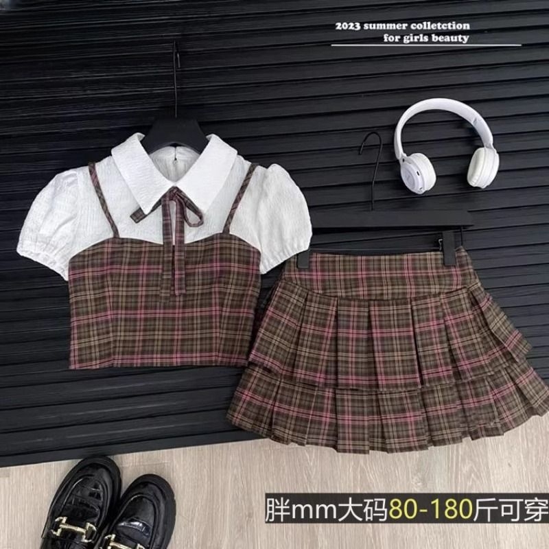 日系学院风jk制服大码女夏季假两件格纹衬衫高腰百褶半身裙两件套