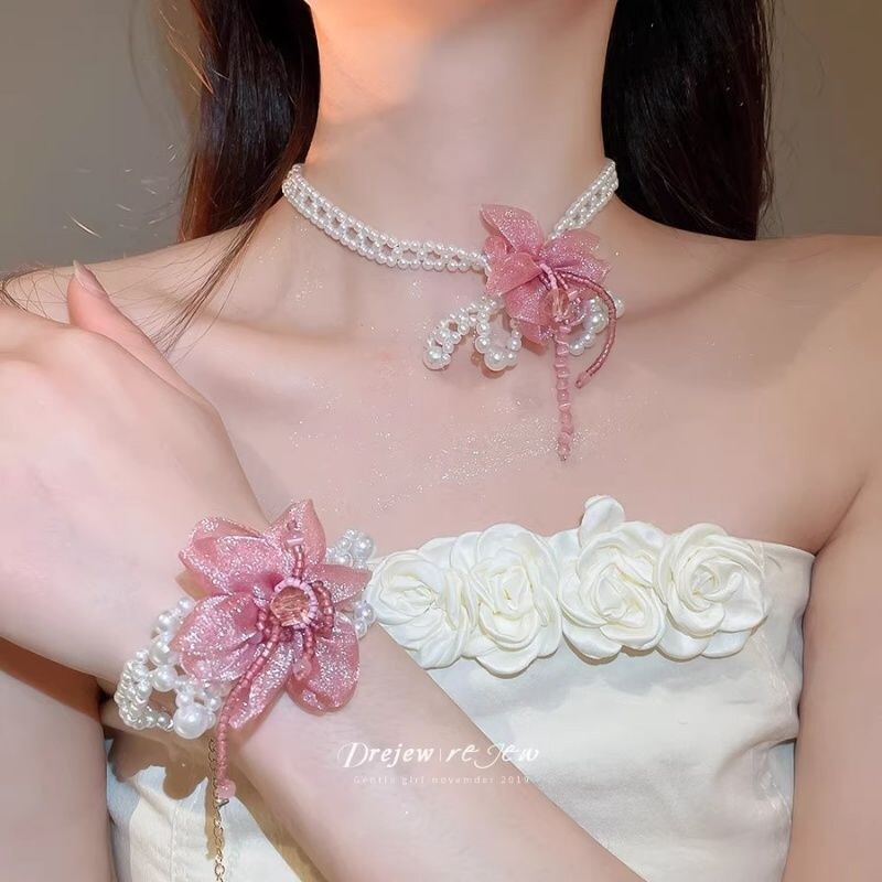 串珠雪纺花吊坠锁骨链项链女款2026新款轻奢高级感choker配