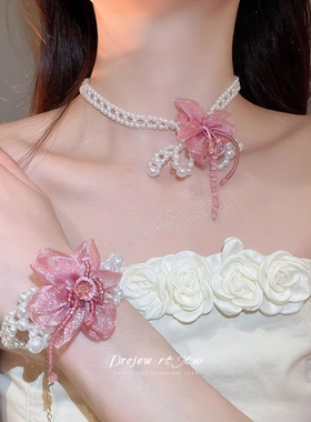 串珠雪纺花吊坠锁骨链项链女款2026新款轻奢高级感choker配饰女