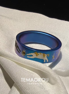 vintager中古【双猫摘星】宽面炫彩蓝戒指星芒食指戒小众设计指环