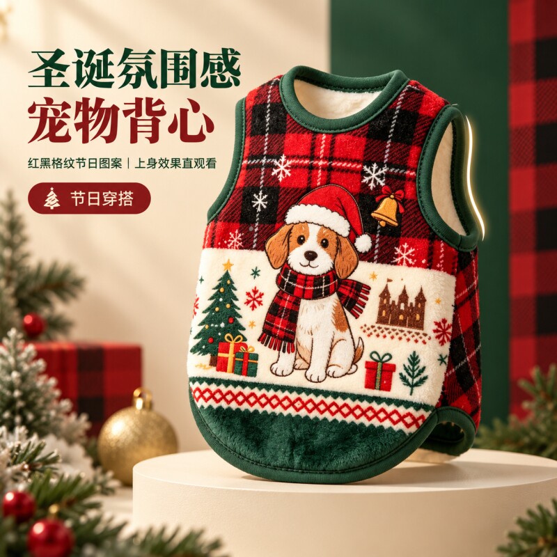 秋冬宠物狗衣服新款法兰绒圣诞小狗加厚保暖猫咪小狗中小型背心