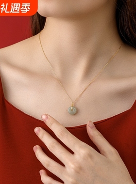 S925纯银和田玉项链女民族风ins小众设计感平安扣吊坠锁骨链配饰