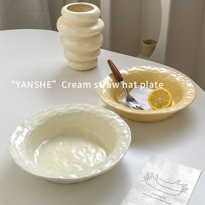 日式手捏纯色奶油感陶瓷草帽盘家用高级感意面餐盘沙拉盘汤盘深盘