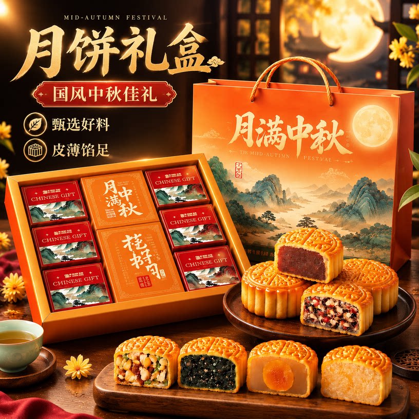 传统老式月饼礼盒2026新款中秋广式五仁送礼送长辈蛋黄莲蓉礼品