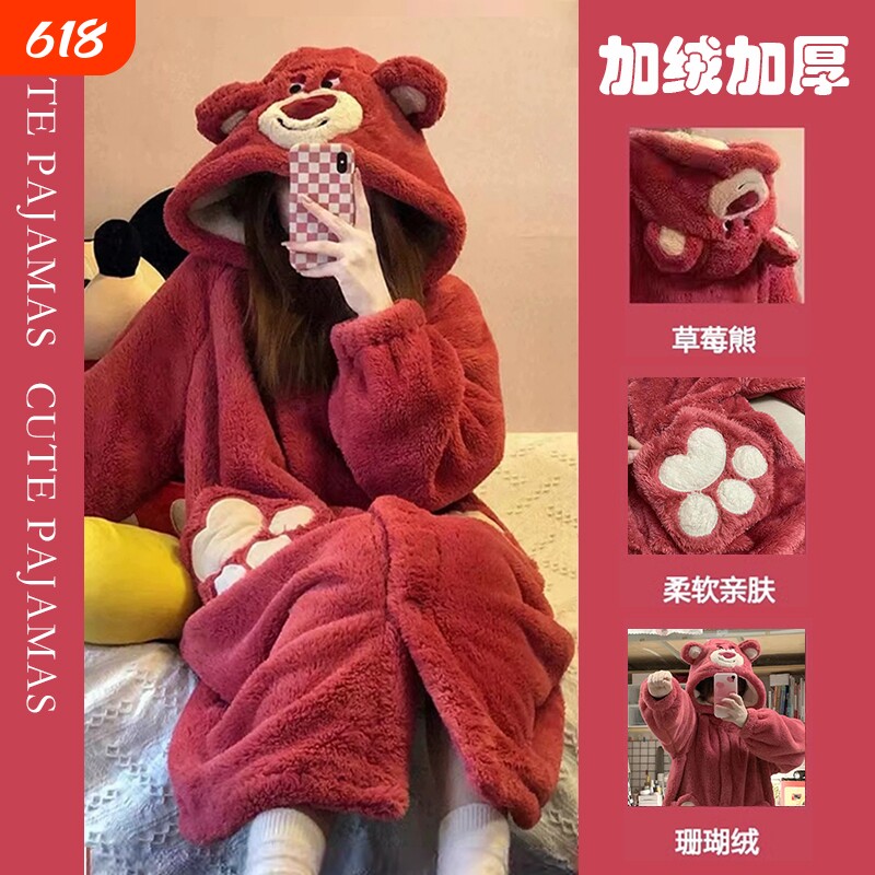 珊瑚绒睡衣冬季女秋冬长款草莓熊睡袍卡通学生加绒加厚2026新款