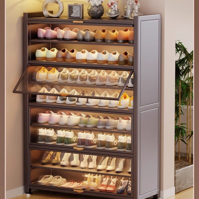 鞋柜家用门口入户大容量多层置物架翻盖防尘收纳钢制鞋架简易玄关