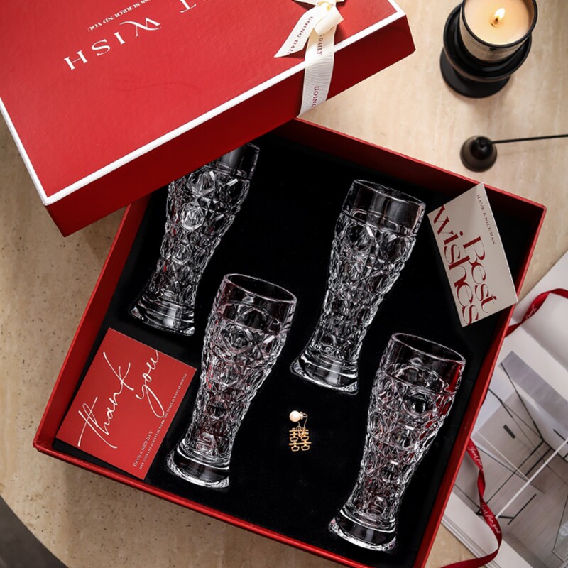 漫时光法式菱格纹啤酒杯套装水晶玻璃杯家用高级感扎啤杯乔迁礼物