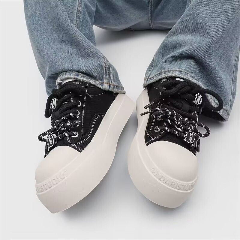 美式复古2026新款黑白米奇大头板鞋男百搭厚底帆布鞋户外情侣时尚