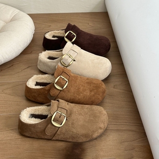 森系复古厚底内增高勃肯鞋 毛绒 女外穿防滑加绒保暖毛毛包头半拖鞋