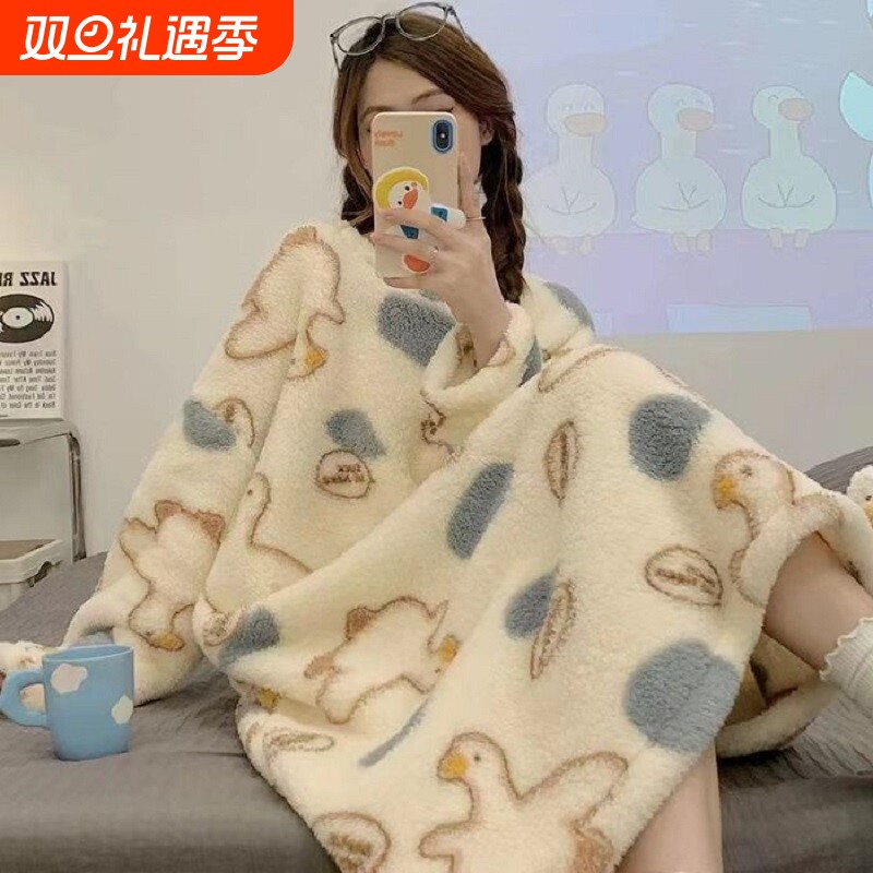 2025新款冬季珊瑚绒长袖睡裙保暖睡衣法兰绒中长裙青年圆领家居服