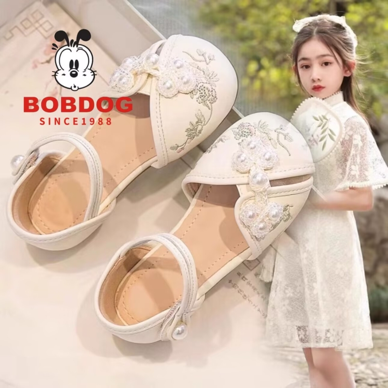 巴布豆真皮女童汉服公主凉鞋2025新款夏季马面裙新中式国风绣花鞋