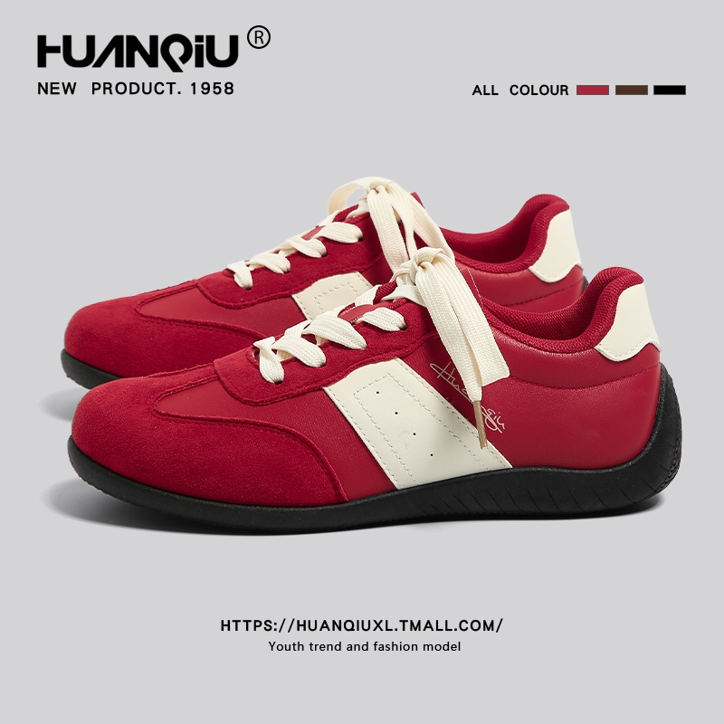 环球红色内增高德训鞋女款2025新款秋季旅游休闲学生运动赛车鞋子