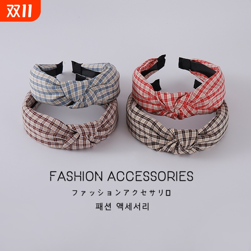 新款复古甜美棉麻布艺发箍韩版格子发卡经典千鸟格打结女防滑短发
