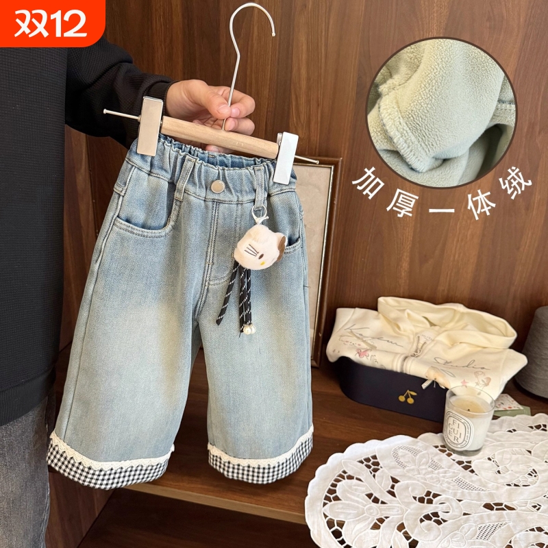 女宝宝冬装复古磨砂牛仔裤秋冬季女童加厚一体绒拼格直筒裤HDD400