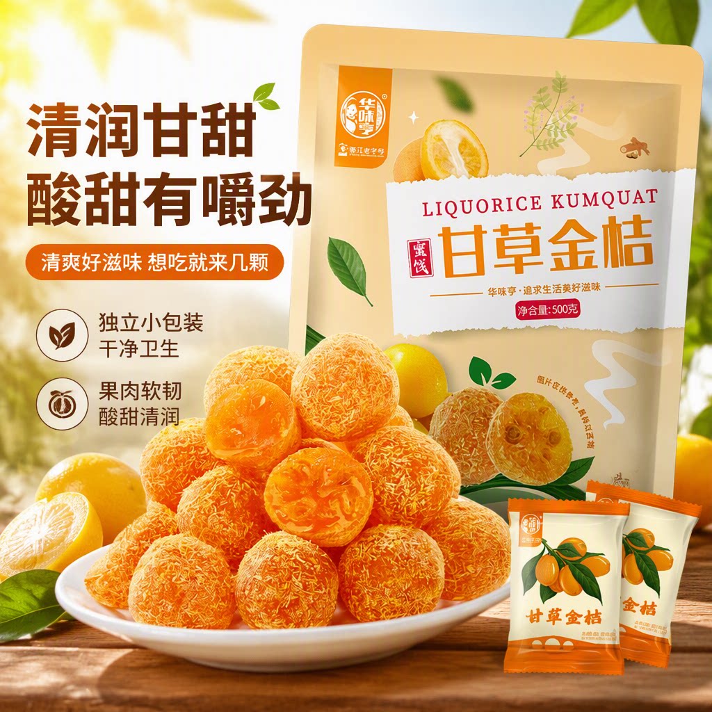 华味亨甘草金桔500g/袋果干金橘干甘草味零食果脯蜜饯独立小包装