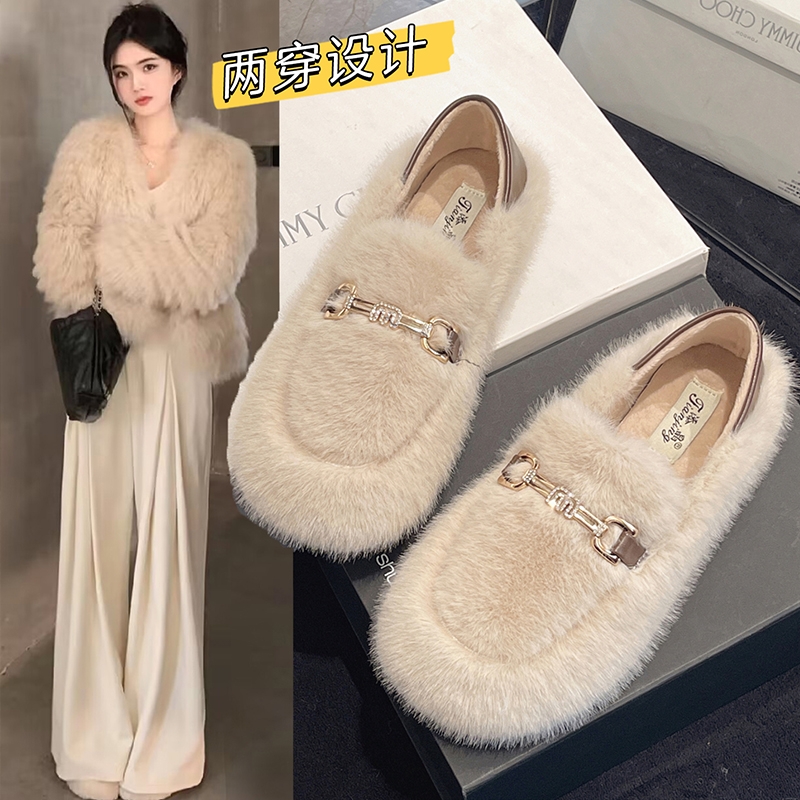 巨好看平底毛毛鞋女2025新款秋季一脚蹬毛绒玛丽珍豆豆鞋加绒棉鞋