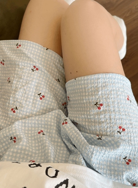 棉绸睡裤女短裤薄款人造棉可外穿格子大码家居裤波点印花休闲白色
