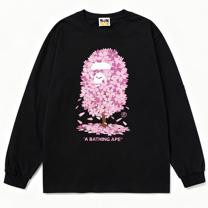 潮牌APE长袖t恤纯棉300g重磅高版本SHARK BAPE猿人迷彩樱花树亲子