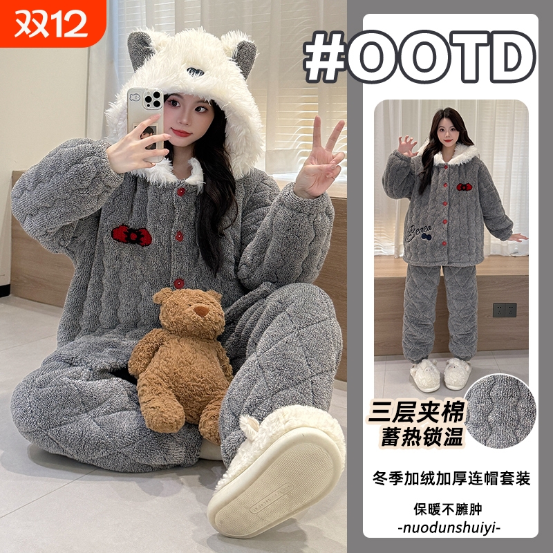 秋冬季2025新款夹棉珊瑚绒睡衣女