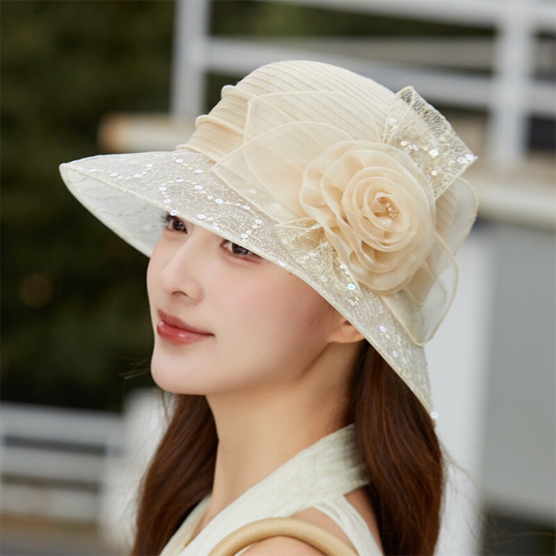 气质欧根纱帽子女士春夏季亮片凉帽渔夫帽百搭礼帽防晒太阳帽花朵