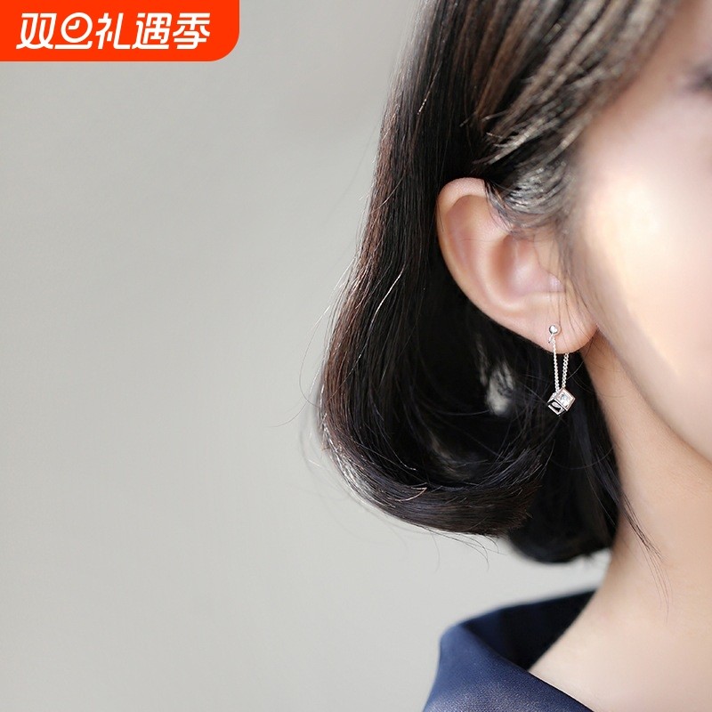 925纯银耳饰 立方体闪钻锆石耳钉 爱情魔方耳挂 韩国银8852