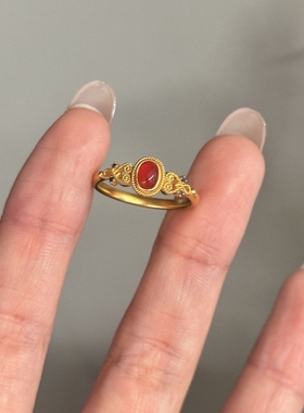 新中式花丝红色锆石戒指女复古卷草纹爱心指环轻奢高级感可调节