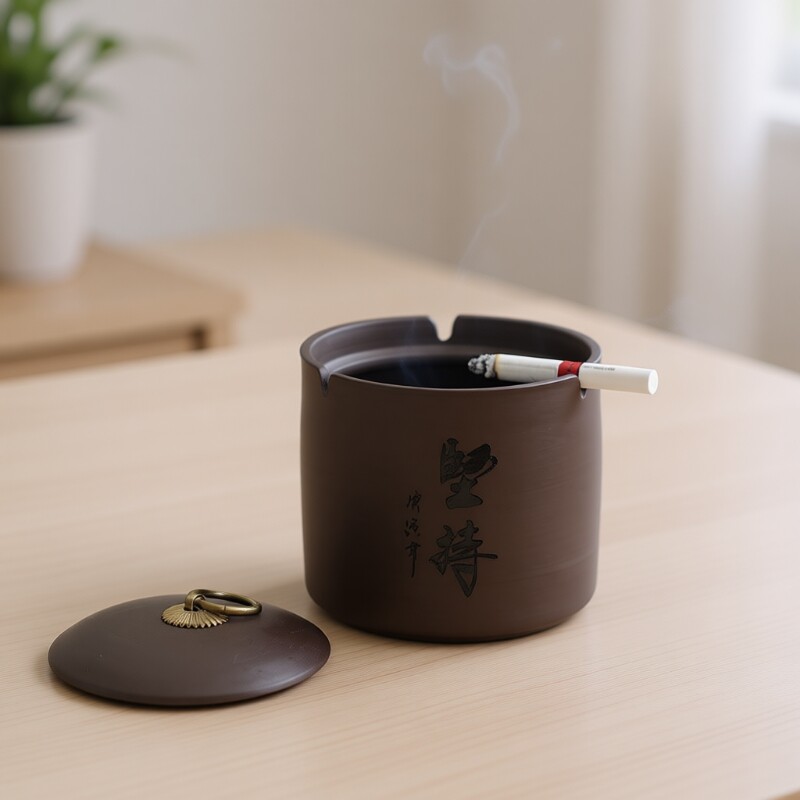 紫砂烟灰缸带盖防飞灰中号陶瓷客厅办公灭激光刻字复古家居饰品