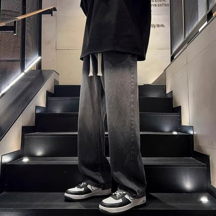 渐变高街牛仔裤春季男士新款潮牌直筒宽松百搭美式大童休闲长裤子