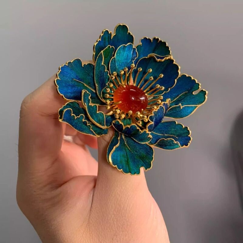 仿点翠烧蓝花丝镶嵌好运花朵胸针复古珐琅彩仿红翡翠古风胸花胸针