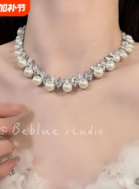 朦胧月光~超仙闪钻珍珠项链女2026新款高级感轻奢晚礼服套装银色