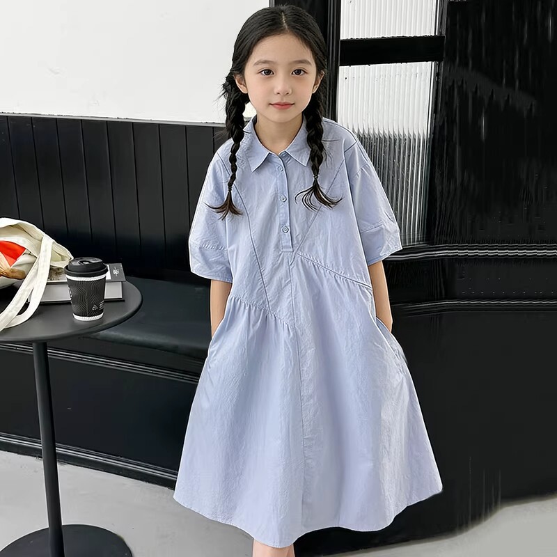 女童装连衣裙夏季2026新款中长款学院风韩版洋气中大童纯色公主裙