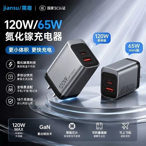 120W氮化镓智能充电器65W双口适用华为苹果vivo荣耀小米iqoo三星oppo安卓多功能通用笔记本快闪充协议桌面