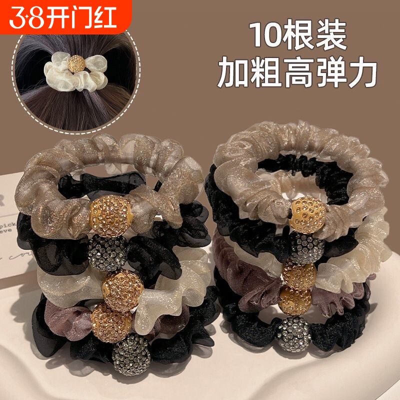 洋气头绳发圈网红头绳扎头发新款发绳欧根纱水钻头绳网纱褶皱发饰