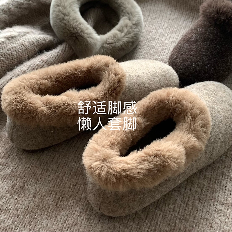 韩国ins博主推荐毛呢加绒保暖毛毛鞋冬季厚绒雪地靴百搭棉瓢鞋女