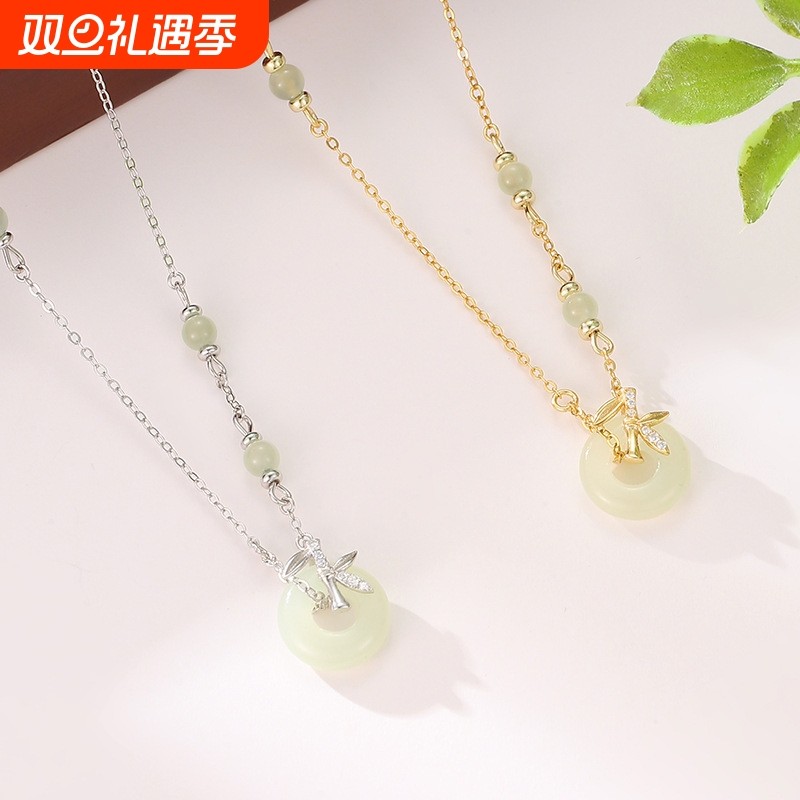 竹节平安扣s925纯银项链女新中式中国风清新和田玉吊坠项饰品批发
