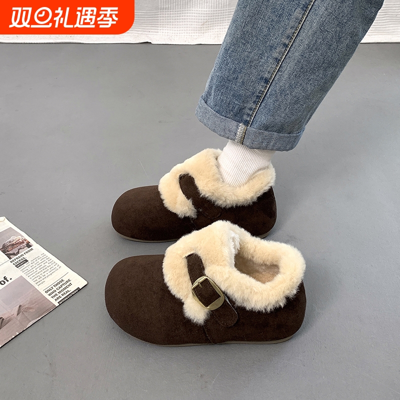 加绒勃肯鞋女2025年冬季新款皮毛一体雪地靴厚底保暖棉鞋毛绒棕色
