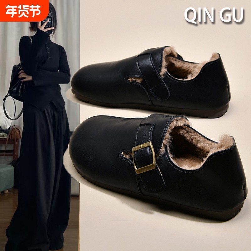 皮面加绒豆豆勃肯鞋女2025新款秋冬乐福鞋一脚蹬女鞋平底毛毛棉鞋,女鞋,勃肯鞋/软木鞋,淘宝优惠券,粉丝福利购,淘宝优惠卷