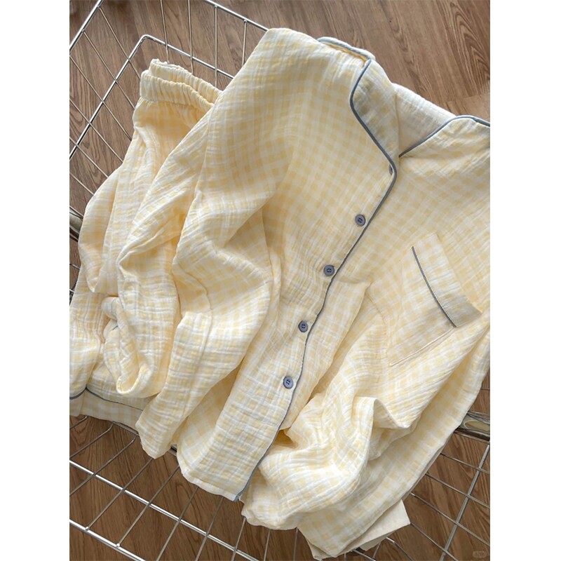 红豆奶呼呼睡衣女春秋季2025新款黄色格子带胸垫云朵棉长袖夏天家
